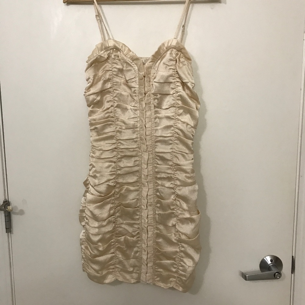 Lulus beige ruched satin bodycon mini dress